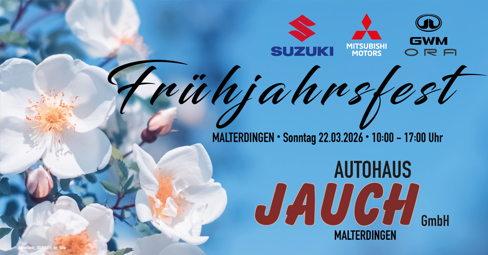 Wir sehen von links nach Rechtskirschblüten, sowie die Logos der Firmen, Suzuki, Mitsubishi und Ora, eine Hähnlein Frühjahrsfest und darunter die Veranstaltung Daten
