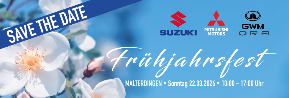 Auf der linken Seite sehen wir Kirschblüten, die in einen hellblauen Hintergrund übergehen links oben der Schriftzug Safe the Date und rechts davon die Logos von Suzuki Mitsubishi und Oha, darunter die Headline Frühjahrsfest sowie Ort Datum und Uhrzeit, Malterdingen den 22. März zwischen zehn und 17:00 Uhr